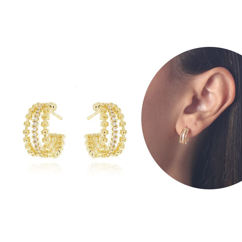 Ag-1073-Do Brinco De Argola Tripla Cravejada (13mm)