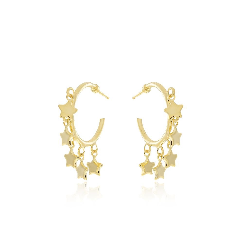Ag-1077-Do Brinco Meia Argola Com Estrelas Penduradas (17mm)