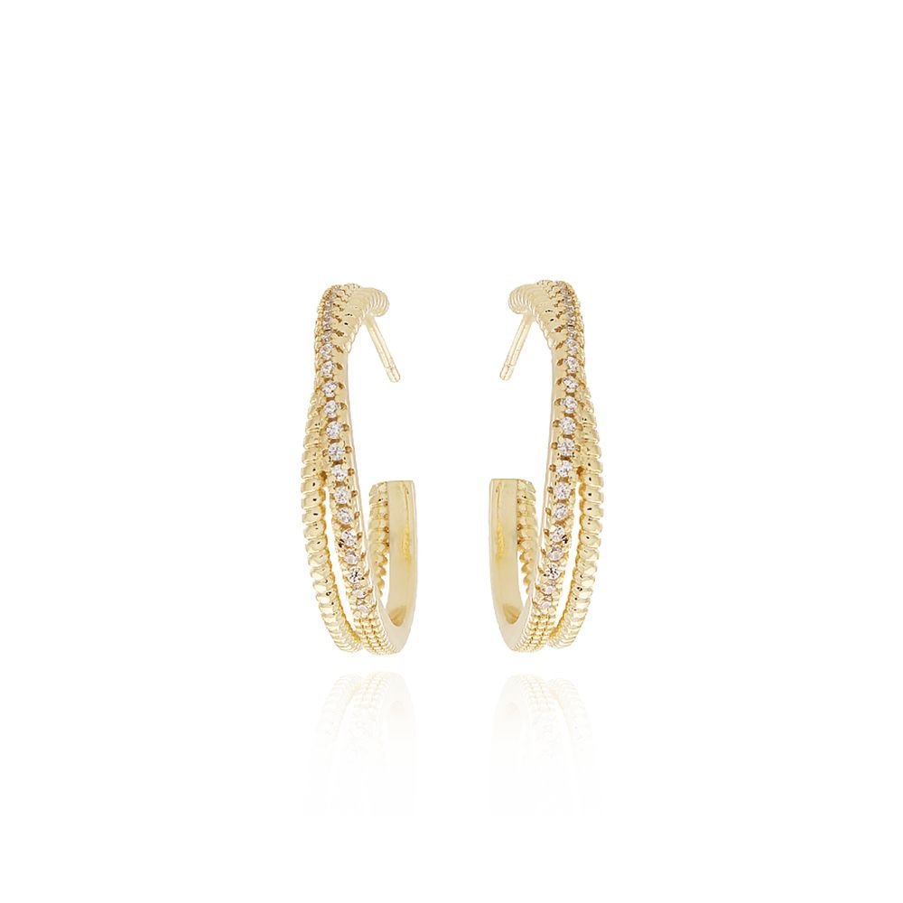 Ag-1339-Do Brinco Meia Argola Cruzada Cravejada De Zircônias Cristal (22mm)