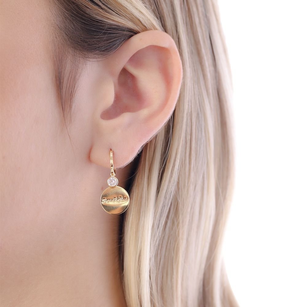 Ag-1486-Do Brinco De Argola Articulada Com Medalha Escrito Saúde E Com Zircônia. Ag-1486-Do Brinco De Argola Articulada Com Medalha Escrito Saúde E Com Zircônia.