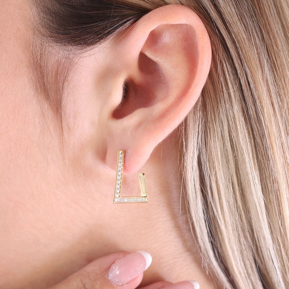Ag-1522-Do Brinco Meia Argola Retangular Cravejada De Zircônias (19,5mm)