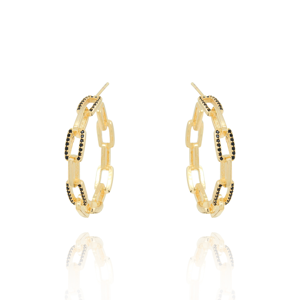 Ag-1954-Do Brinco Meia Argola De Elos Cravejados Preto.