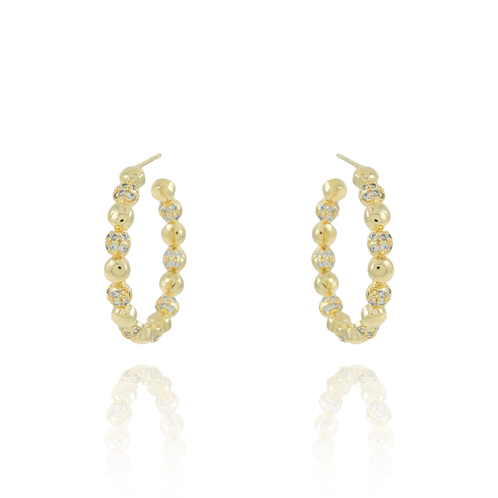 Ag-1956-Do Brinco Meia Argola De Bolinhas Lisas E Cravejadas Cristal - 28mm.