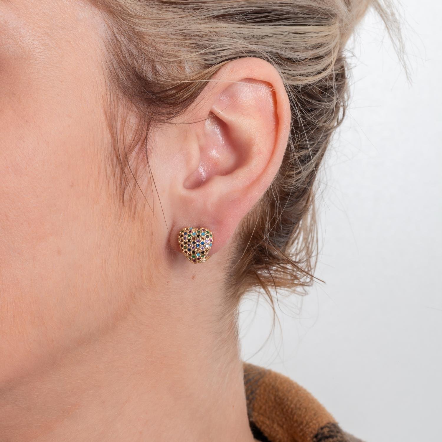 Ag-2042-Do Brinco De Argola Articulada De Coração Cravejado Colorido.