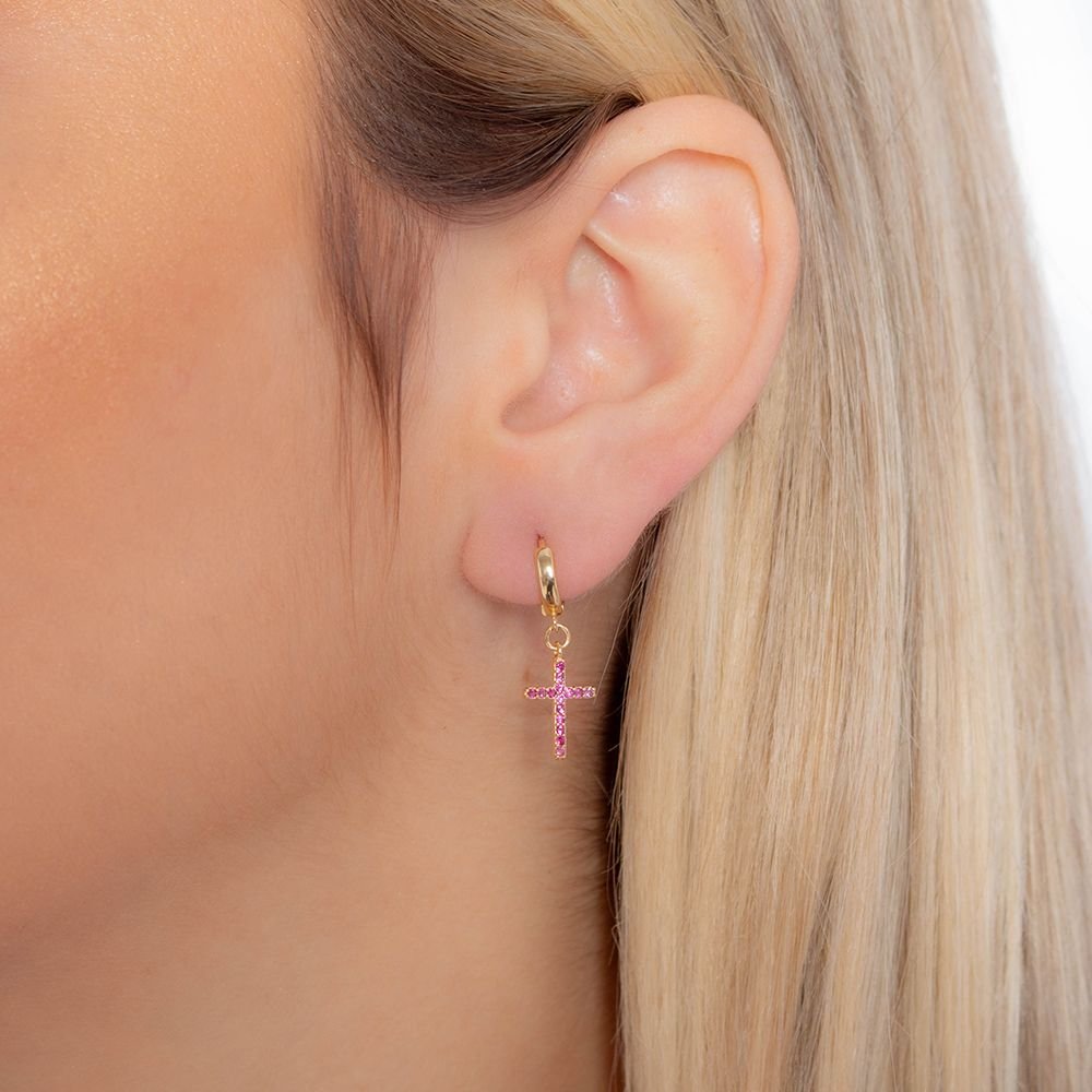 Ag-411-Do Brinco De Argola Articulada De Cruz Cravejada.