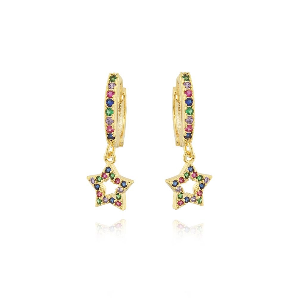 Ag-589-Do Brinco De Argolinha Com Pêndulo De Estrela Cravejada Colorida