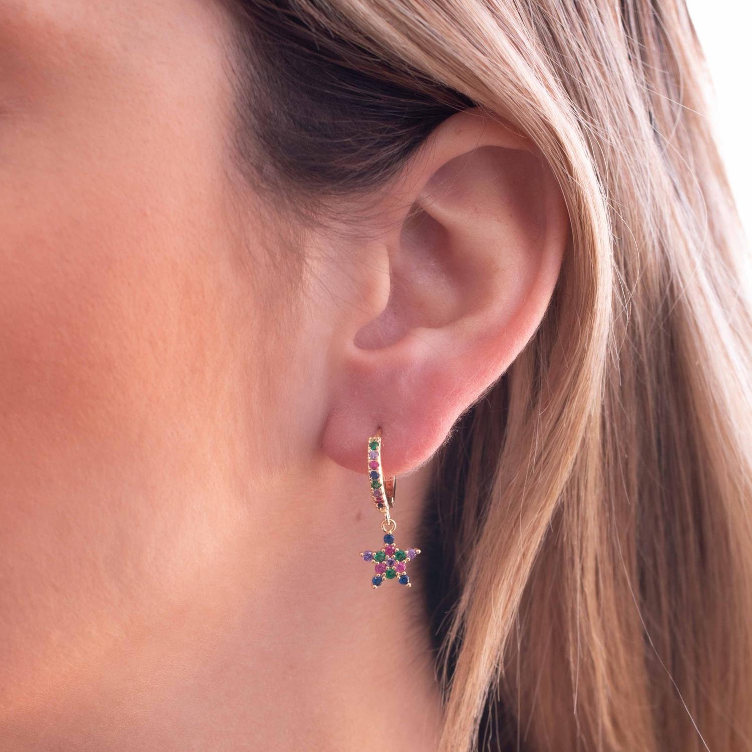 Ag-591-Do&Nbsp;Brinco De Argolinha De Estrela Cravejada Colorida.