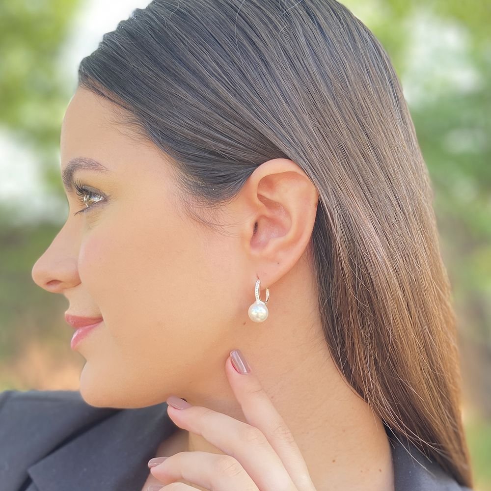 Ag-Ag-873 Brinco De Argola Articulada Com Pérola Cravejado De Zircônia Cristal