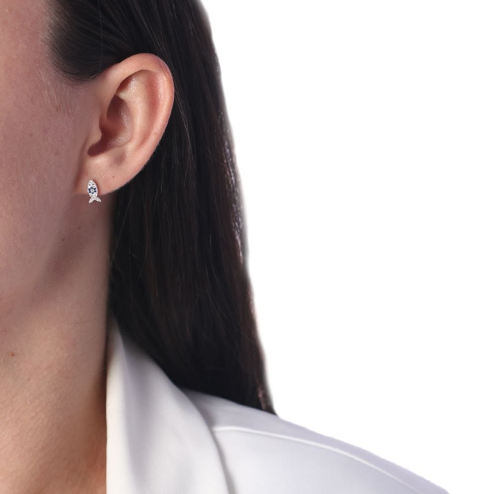 Ag-Br-852 Brinco De Peixinho Cravejado Cristal E Azul Escuro