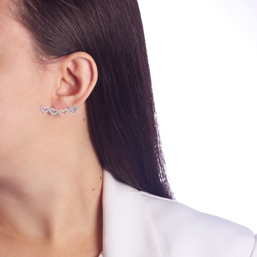 Ag-Br-935 Brinco Ear Cuff De Corações Cravejado Colorido