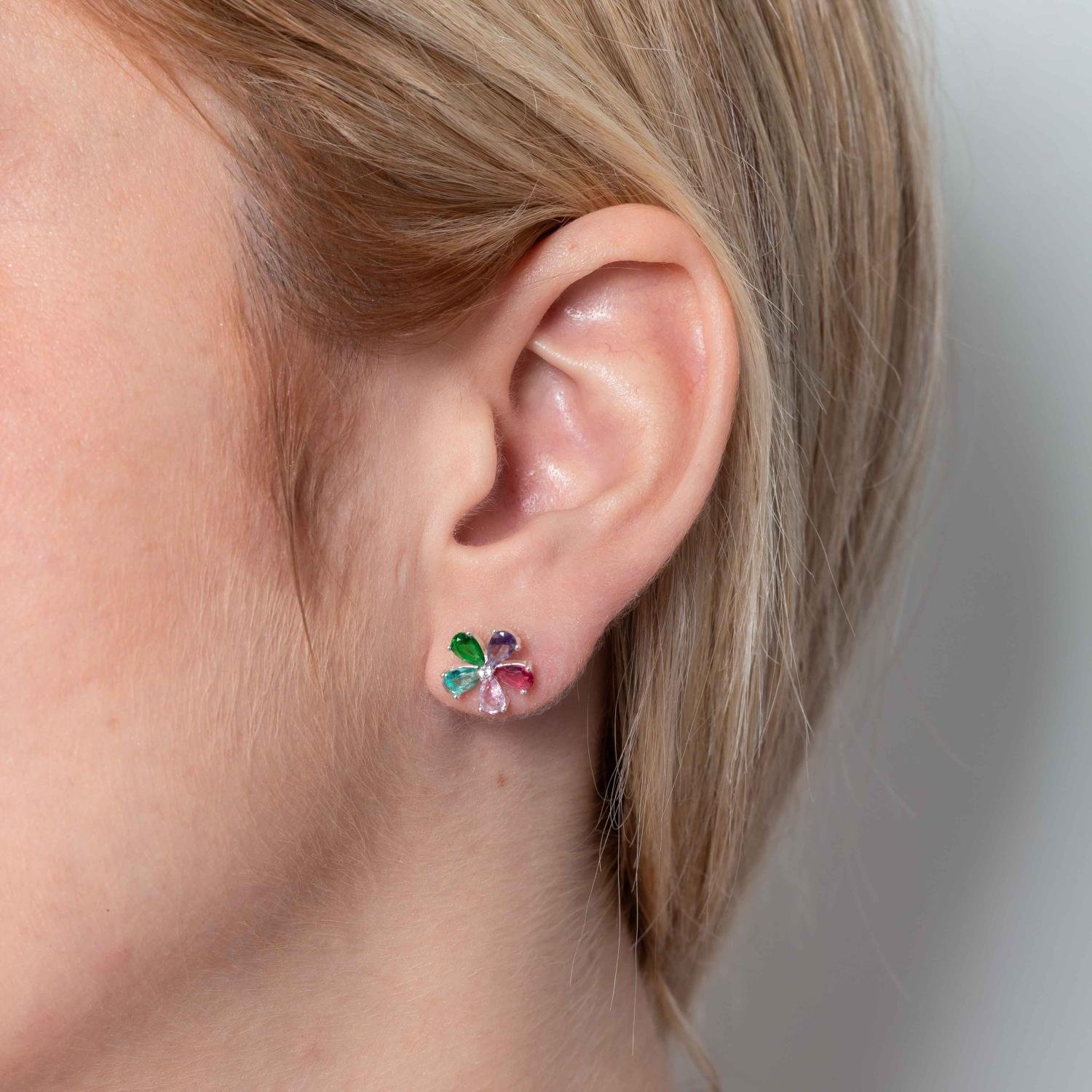 Ag-Bra-354 Brinco De Flor Cravejado De Zircônias Coloridas - Prata 925.