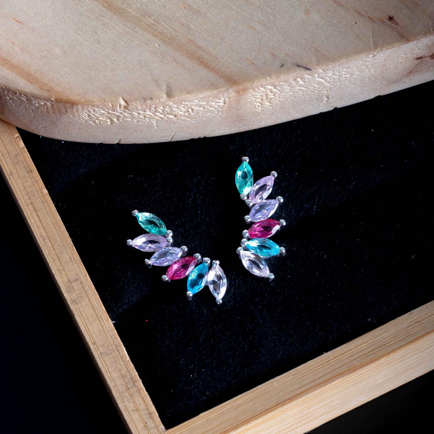 Ag-Bra-389 Brinco Ear Cuff Cravejado Colorido - Prata 925.