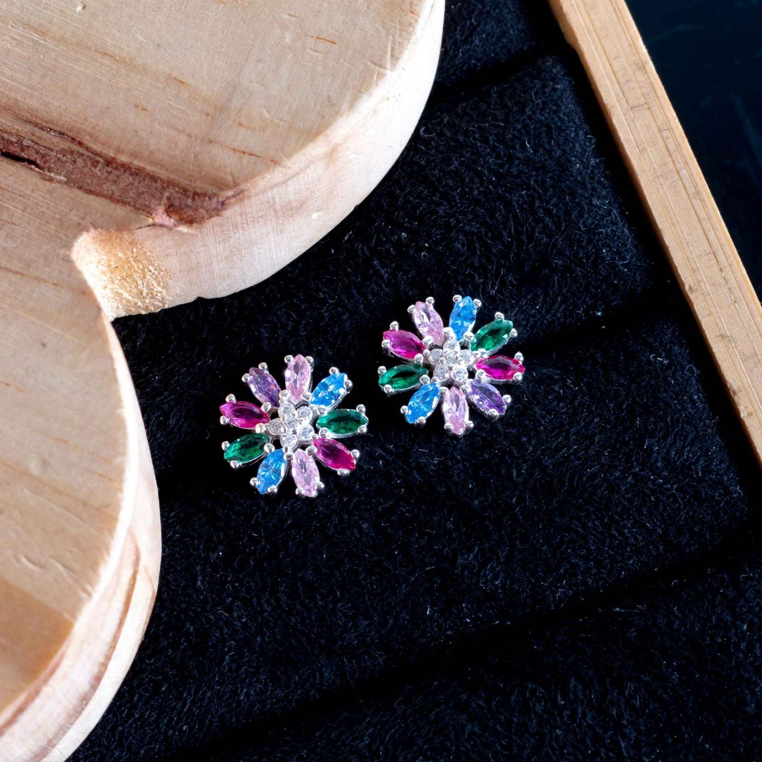 Ag-Bra-390 Brinco De Flor Cravejado Colorido - Prata 925.