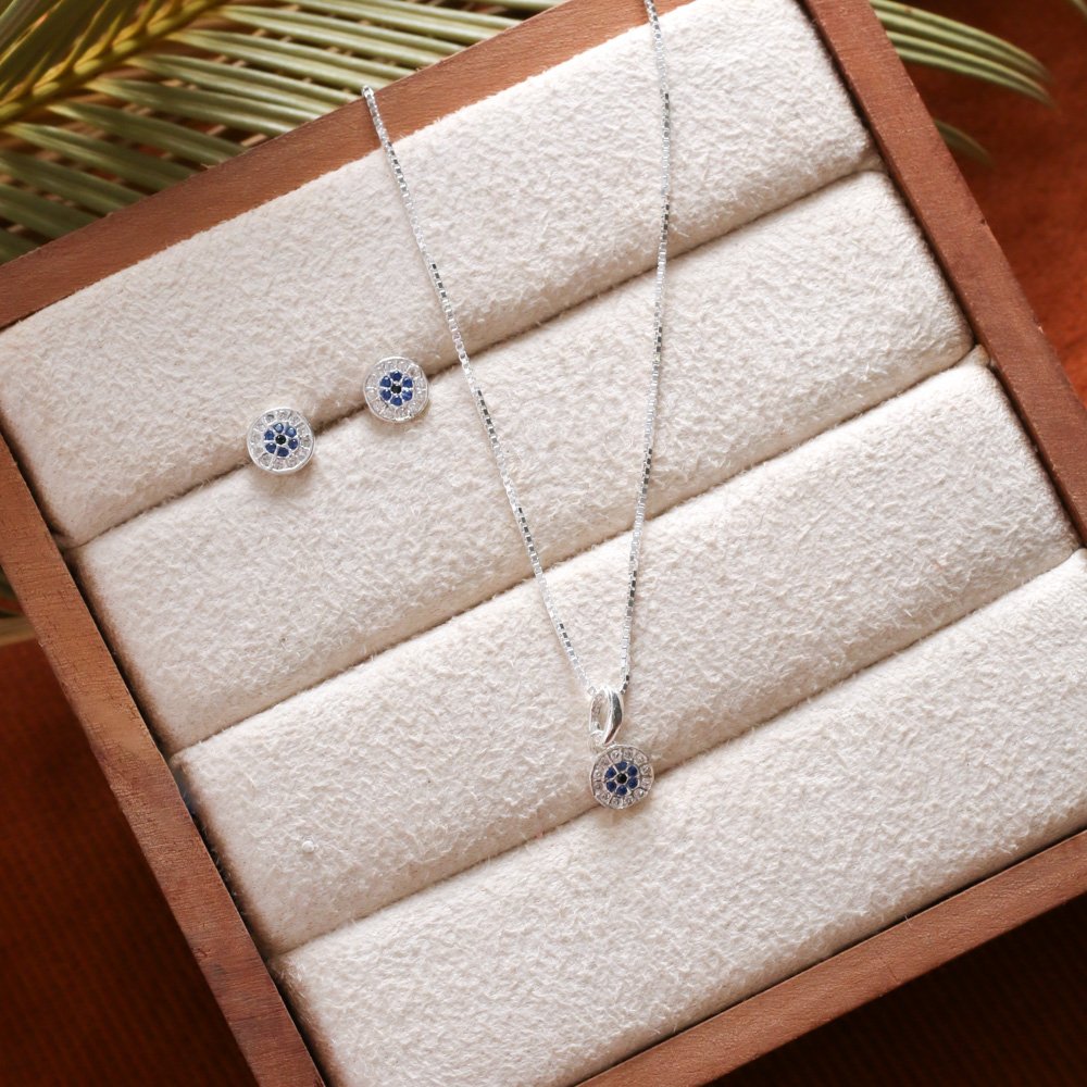 Ag-Cj-66 Conjunto Cravejado Cristal + Azul Escuro - Prata 925 (45cm).