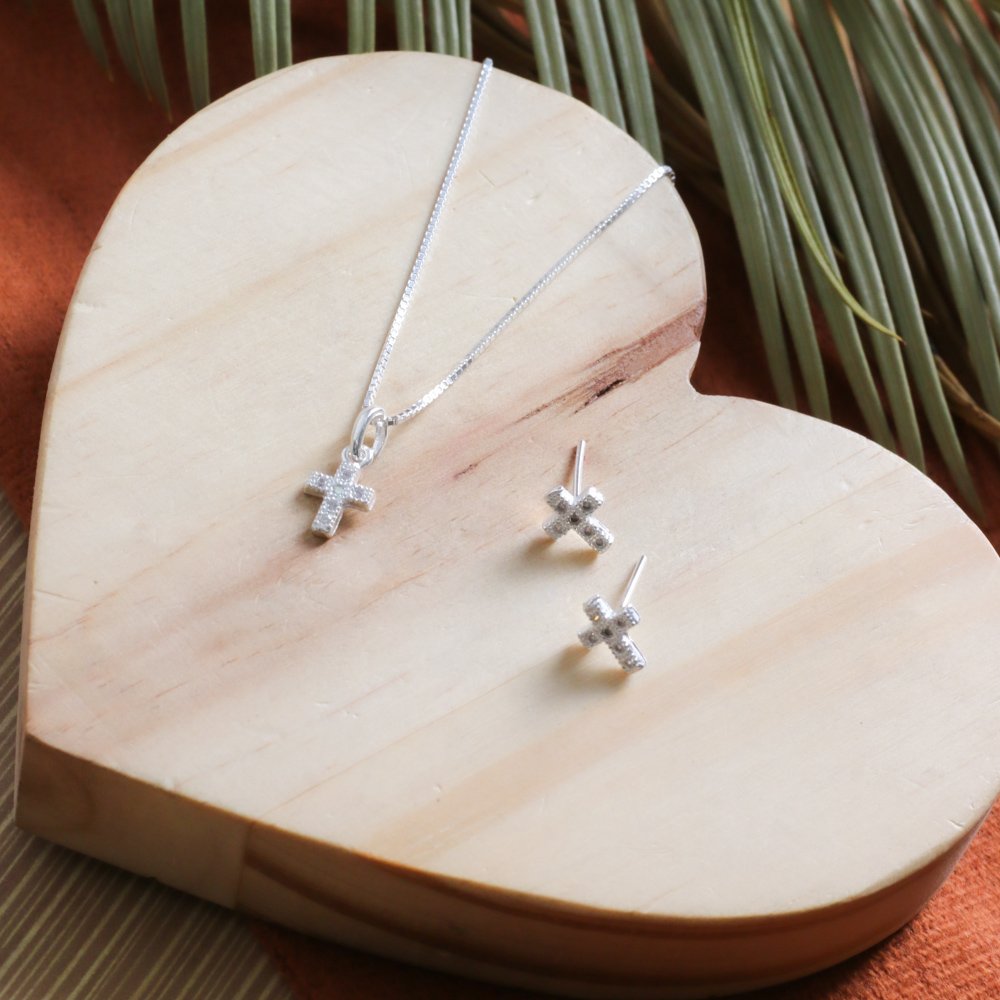 Ag-Cj-67 Conjunto De Cruz Cravejada Cristal - Prata 925 (45cm).