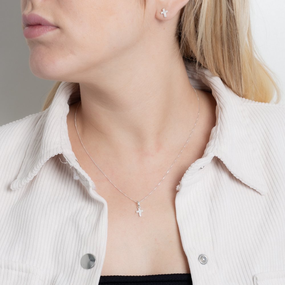 Ag-Cj-67 Conjunto De Cruz Cravejada Cristal - Prata 925 (45cm).