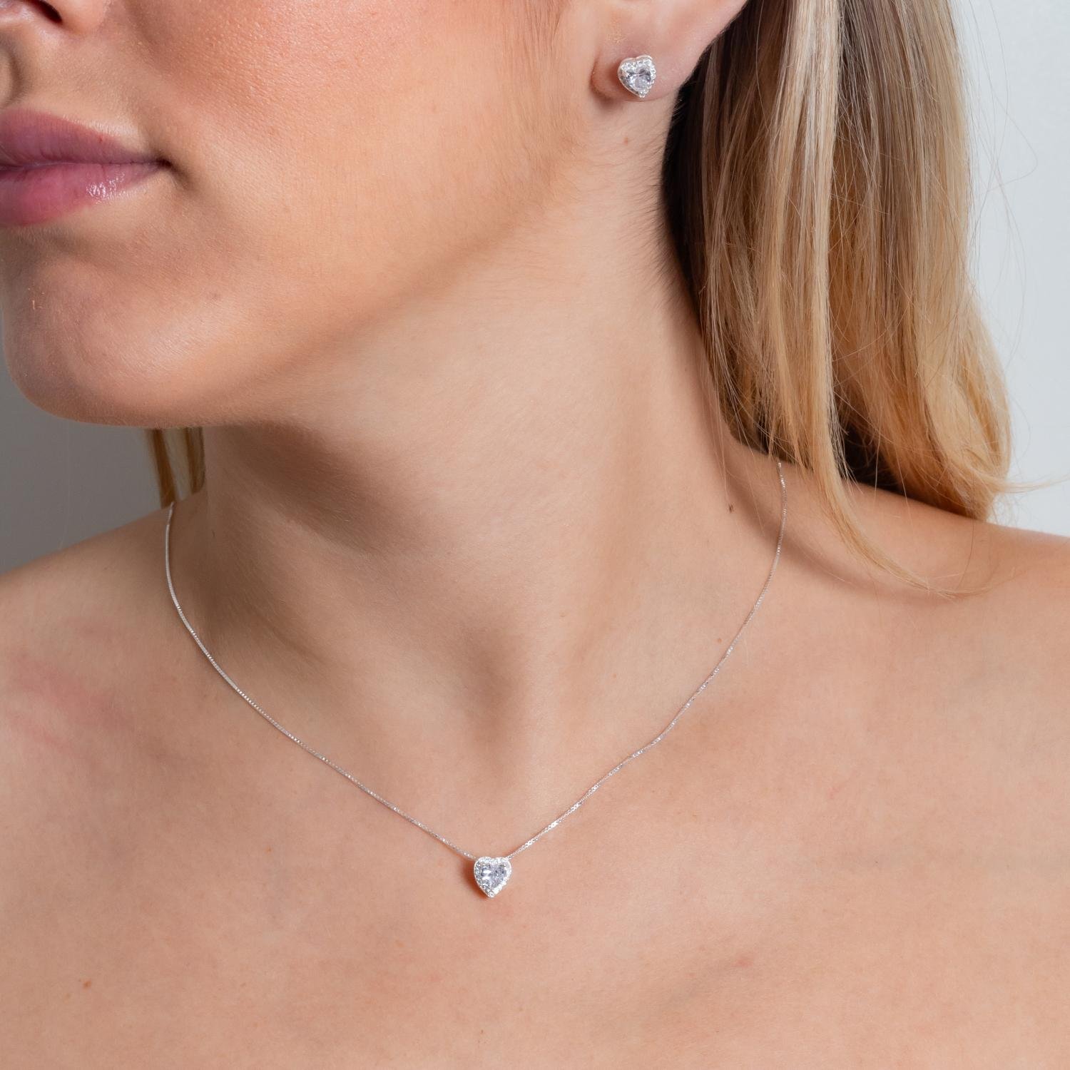 Ag-Cj-83 Conjunto De Coração Cravejado De Zircônias Cristais - Prata 925 (45cm).