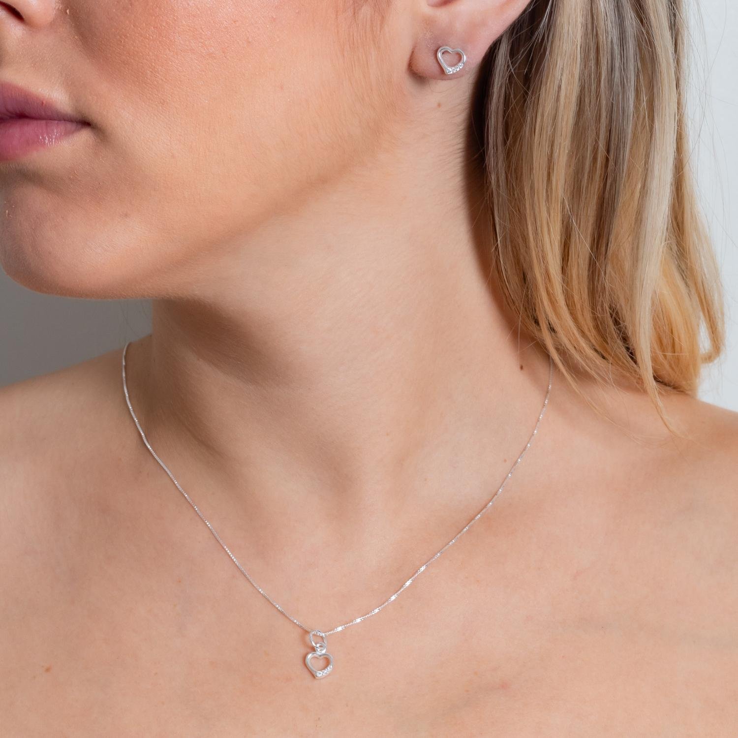 Ag-Cj-88 Conjunto De Coração Cravejado Cristal - Prata 925 (45cm).