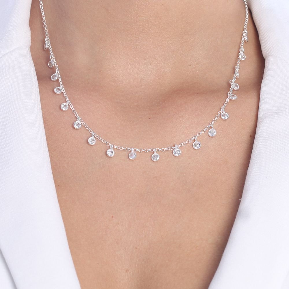 Ag-Cl-460 Colar Com Pontos De Luz De Zircônias Azul