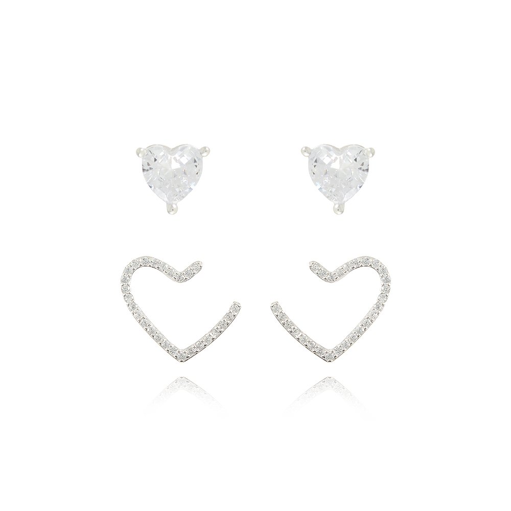 Ag-Duplo-34 Brinco Duplo De Prata 925 Coração Cravejado De Zircônias.