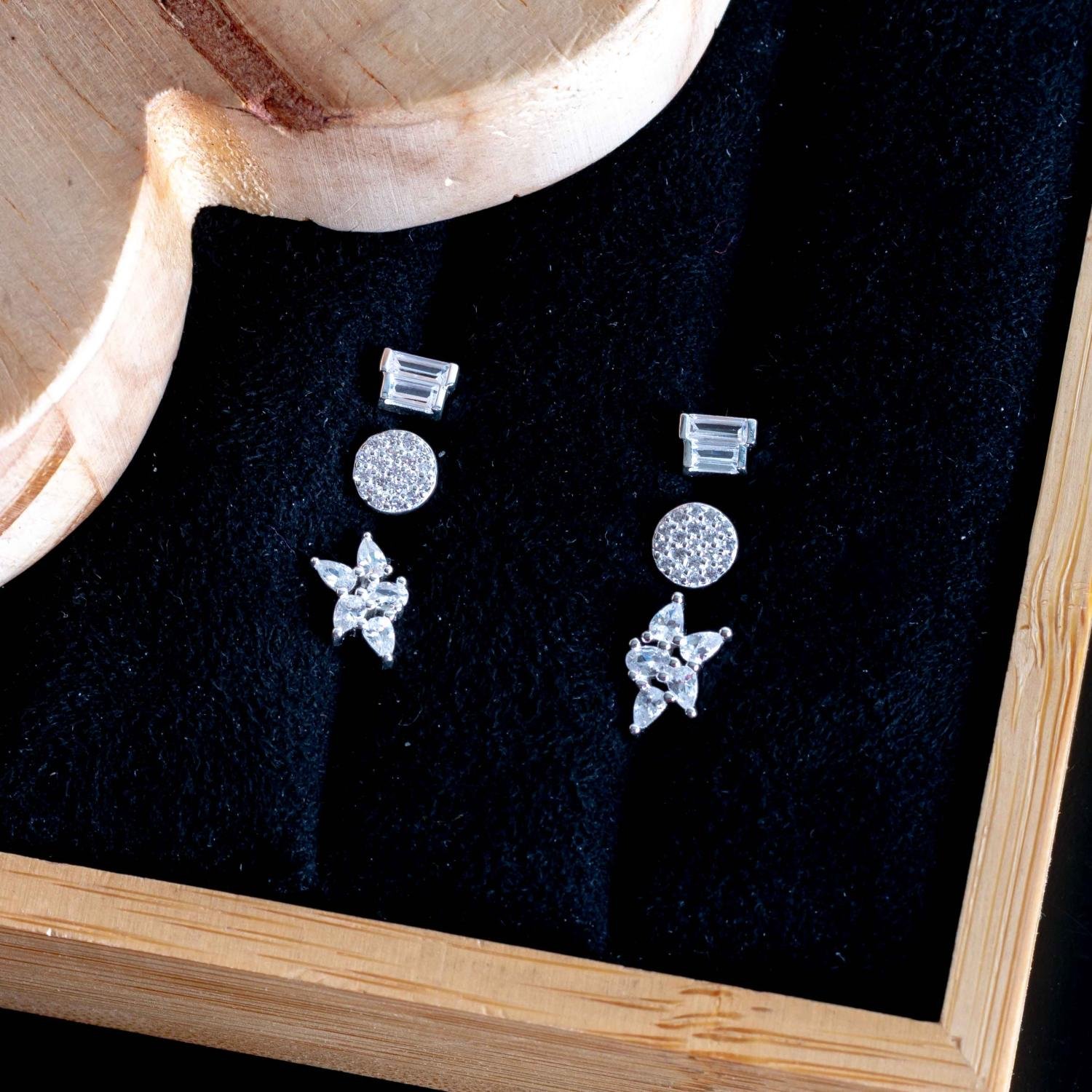 Ag-Trio-222 Trio De Brincos Cravejado Cristal - Prata 925.
