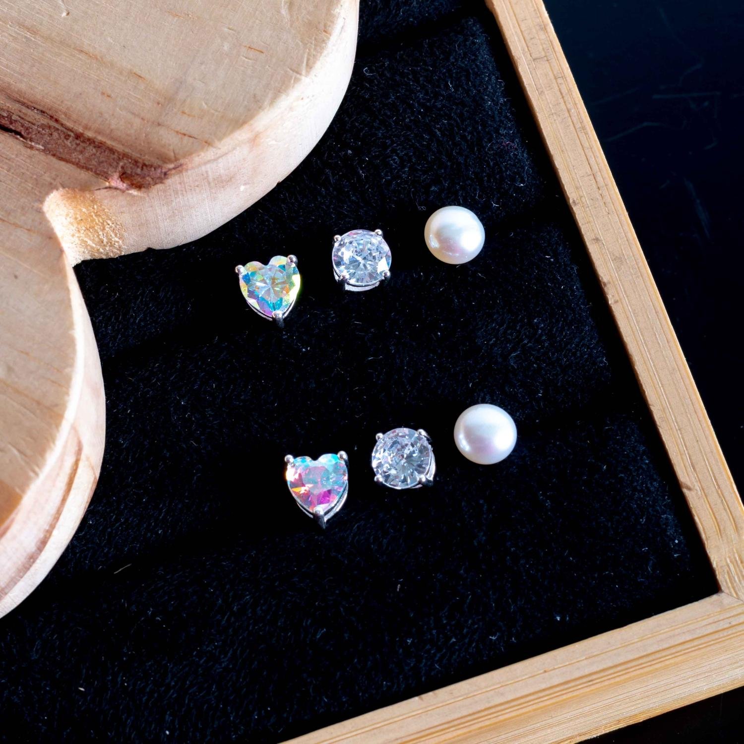 Ag-Trio-223 Trio De Brincos De Pérola, Zircônia Cristal E Coração - Prata 925.
