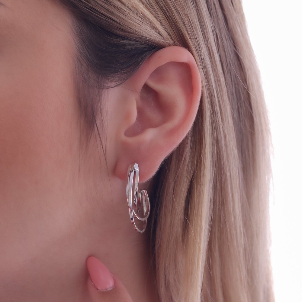 Br-1092-Rd Brinco Meia Argola Fio Triplo - Ródio Branco.