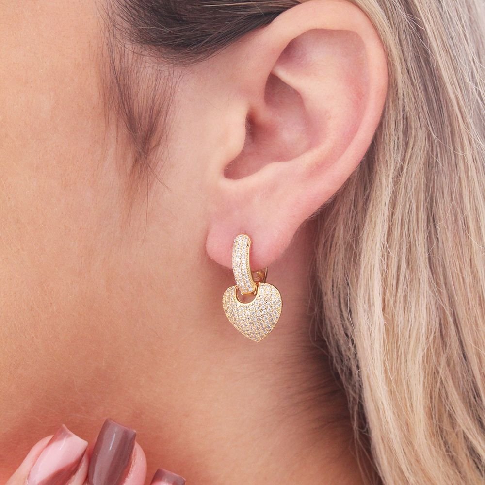 Br-1142-Do Brinco De Argola Articulada Com Coração Cravejado De Zircônias (14mm)