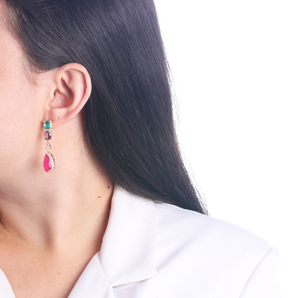 Brd-1368-Do Brinco Longo De Pedra Fúcsia Fusion E Colorido