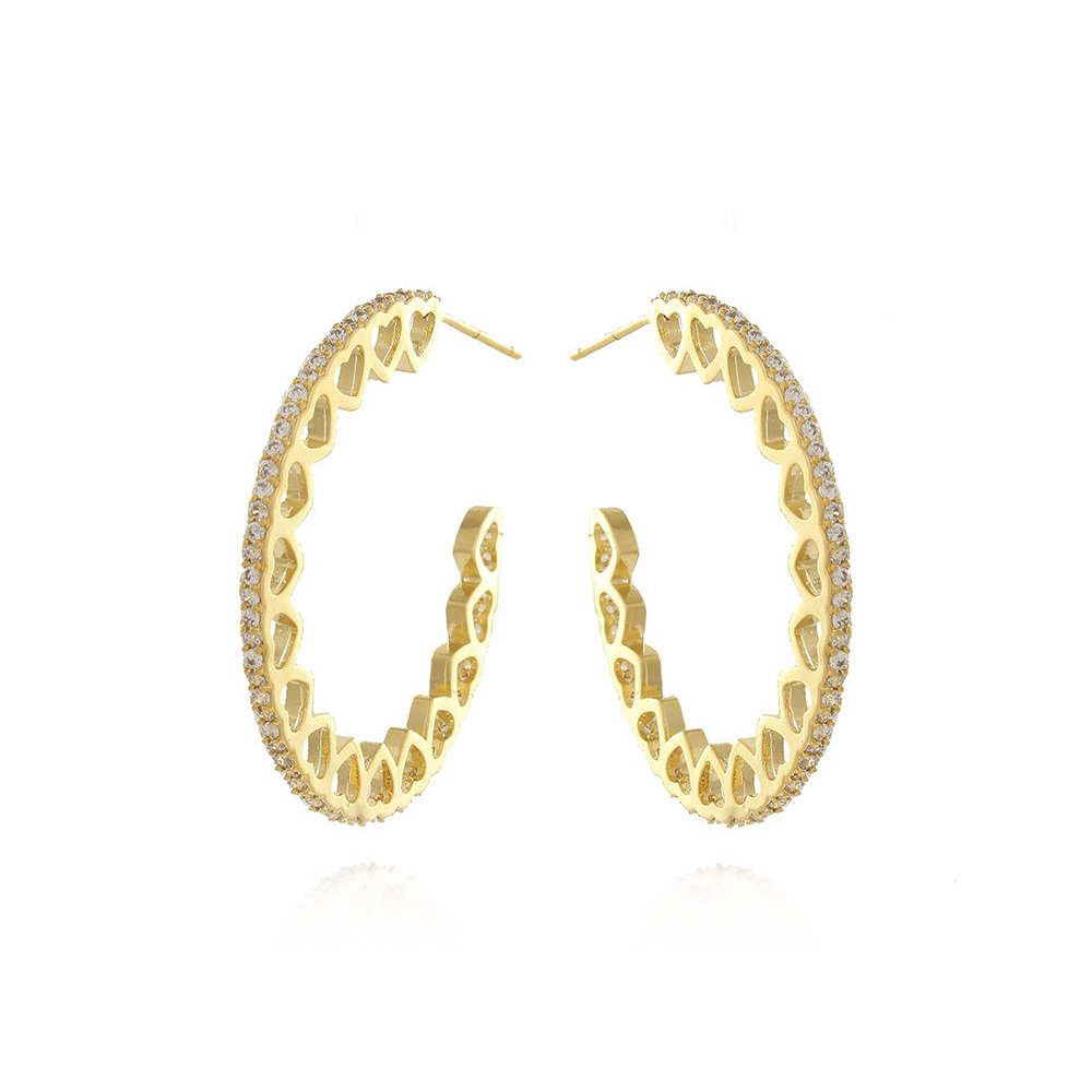 Brd-153-Do Brinco Meia Argola Com Corações E Cravejada