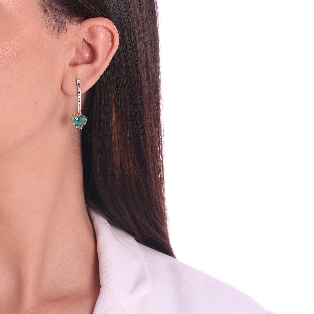 Brd-849-Do Brinco Pêndulo Zircônias Coloridas E Coração Verde Esmeralda 