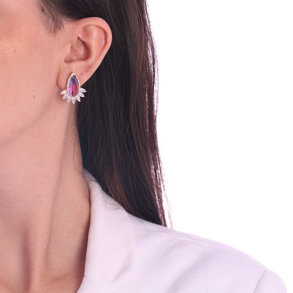 Brd-972-Do Brinco Cravejado Pedra Azul E Rosa