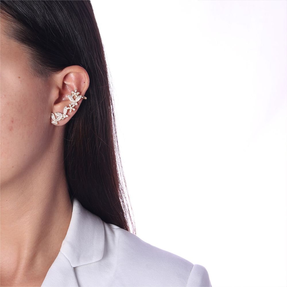 Brd-984-Do Brinco Ear Cuff Borboletas E Flores Cravejado Cristal