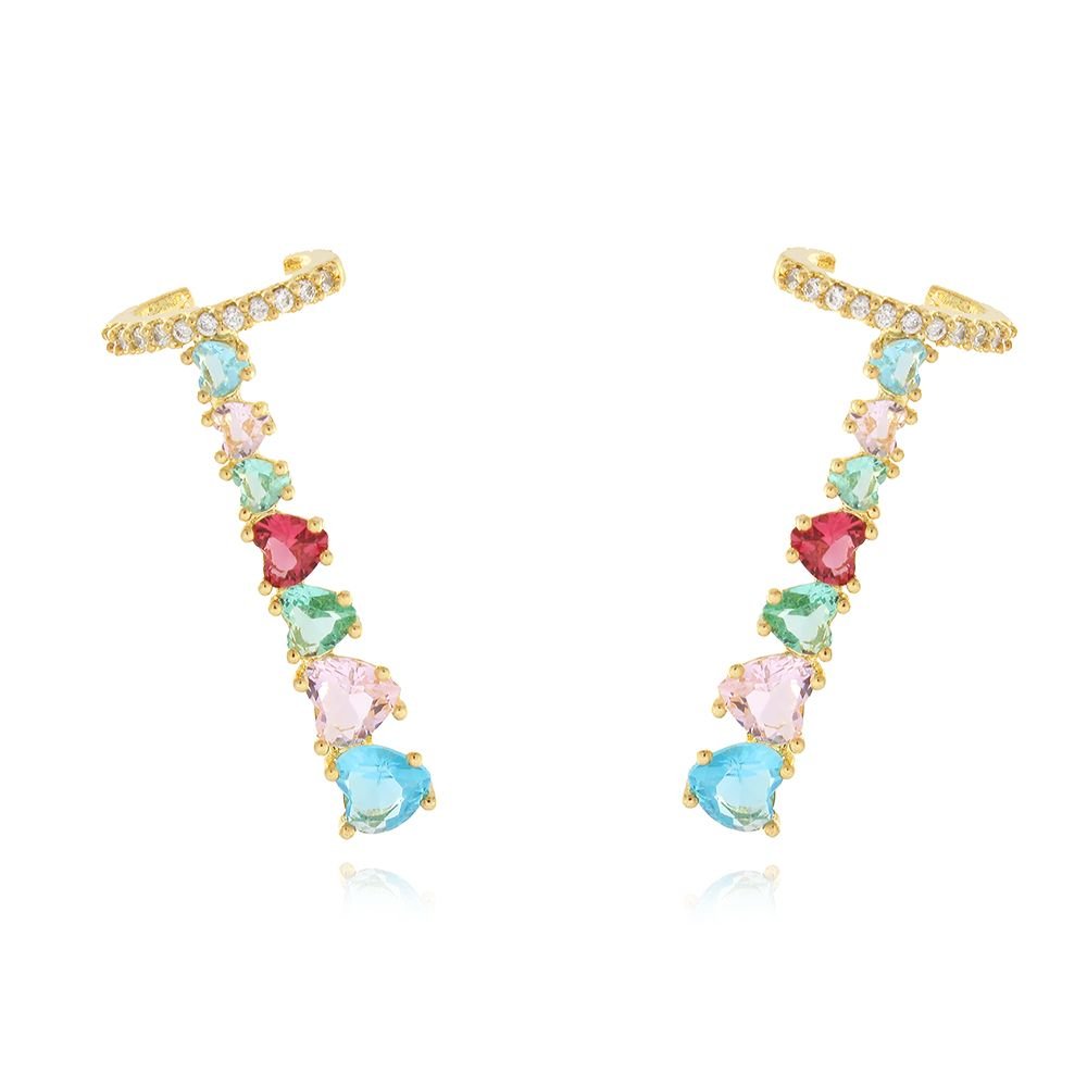 Brd-986-Do Brinco Ear Cuff Corações Cravejados Coloridos