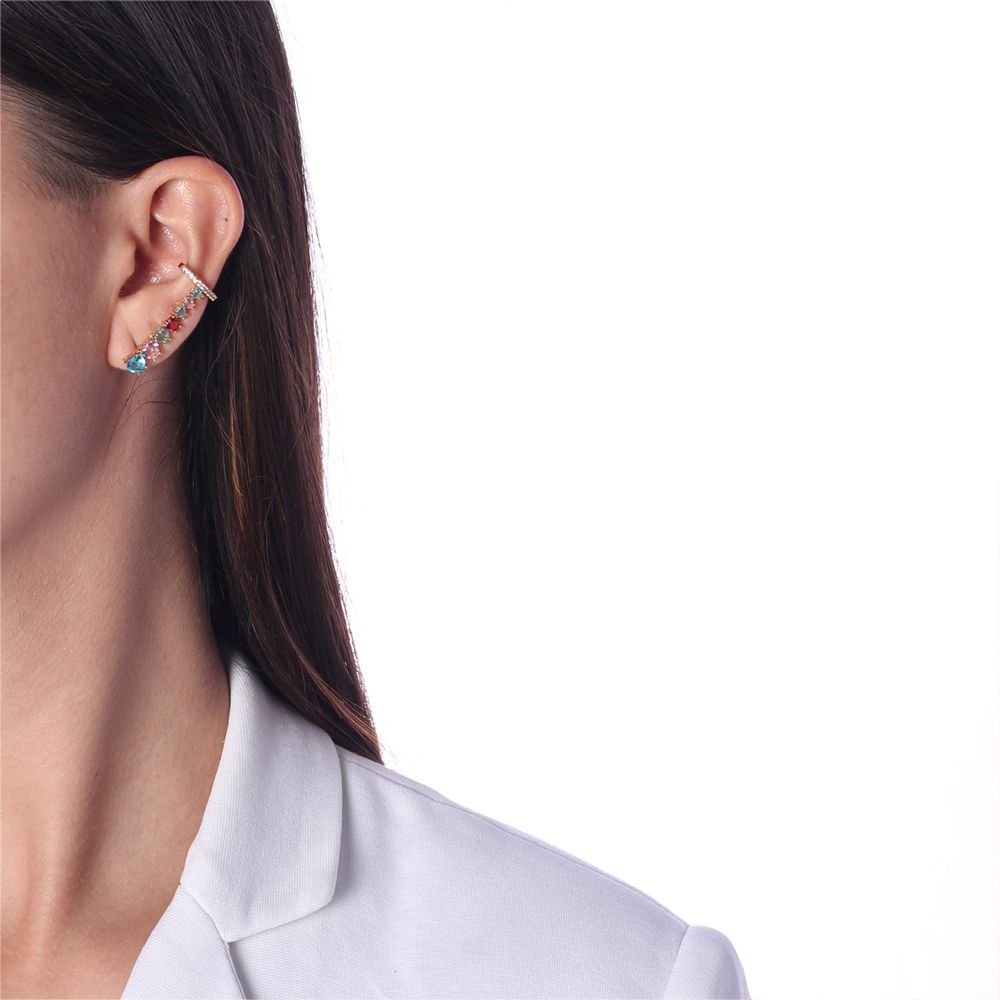Brd-986-Do Brinco Ear Cuff Corações Cravejados Coloridos