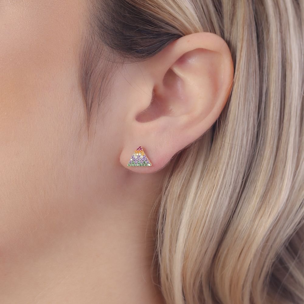 Brf-1032-Do Brinco De Triângulo Cravejado De Zircônias Coloridas. Brf-1032-Do Brinco De Triângulo Cravejado De Zircônias Coloridas.