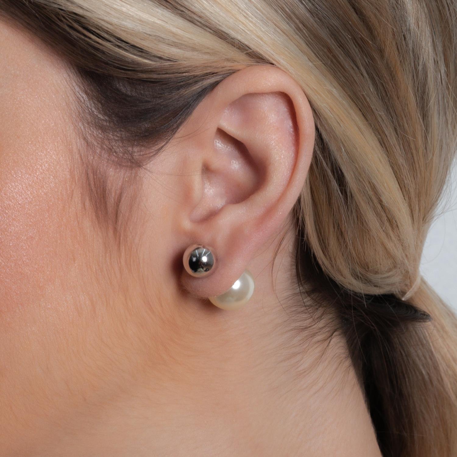 Brf-1154-Rd Brinco De Bolinha Com Tarraxa De Pérola - Ródio Branco (10mm / 14mm).