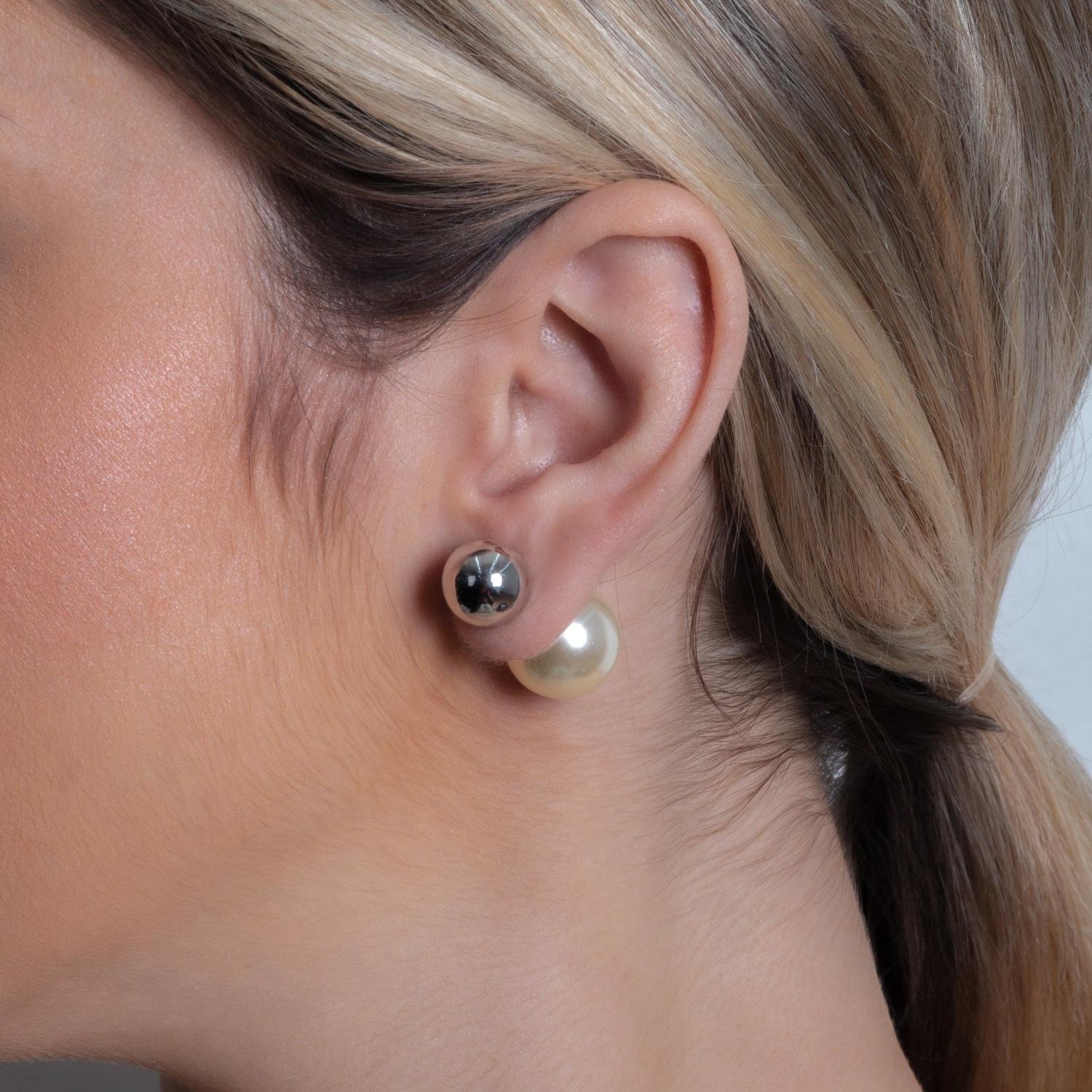 Brf-1155-Rd Brinco De Bolinha Com Tarraxa De Pérola - Ródio Branco (12mm / 4mm).