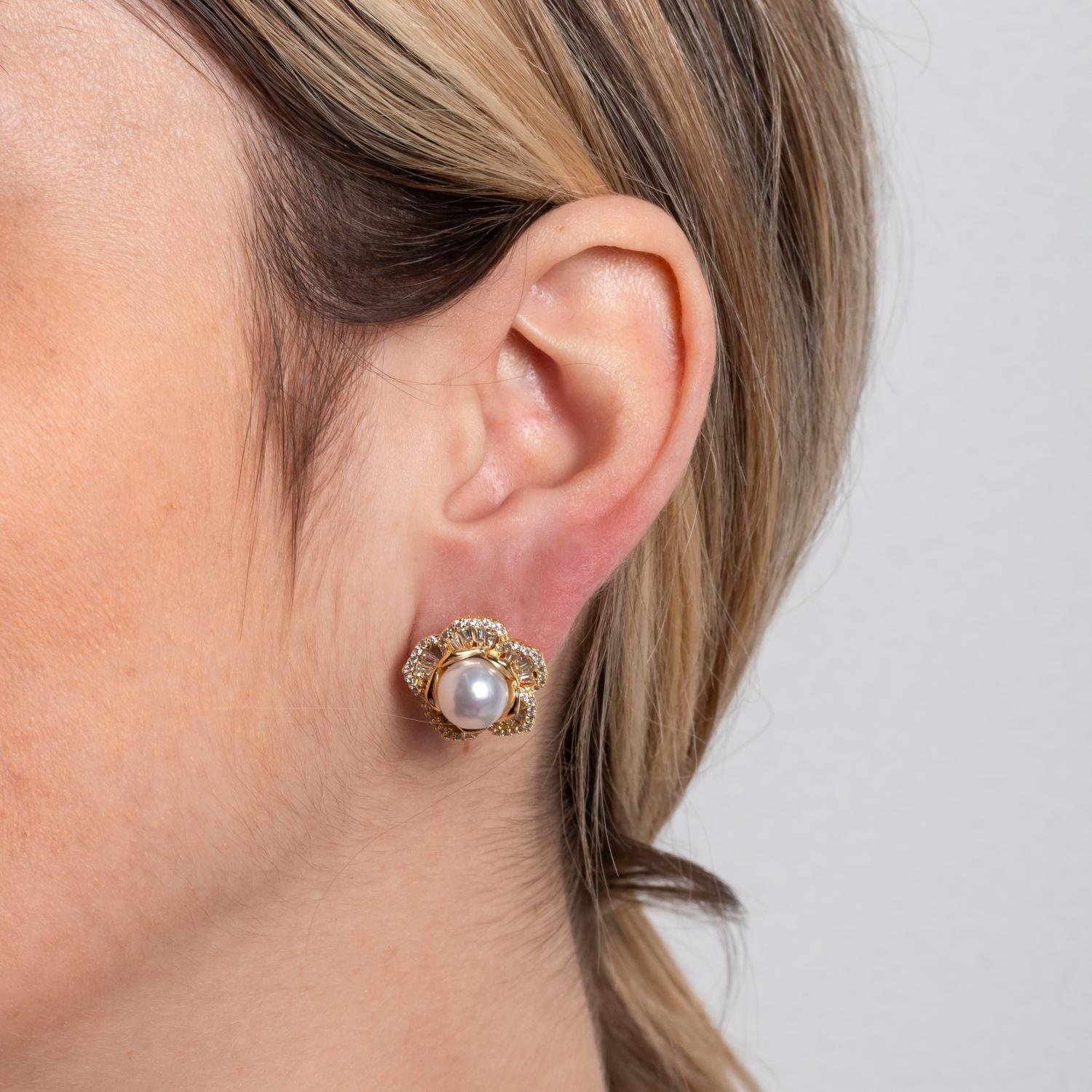 Brf-1174-Do Brinco De Pérola Flor Cravejado Cristal.