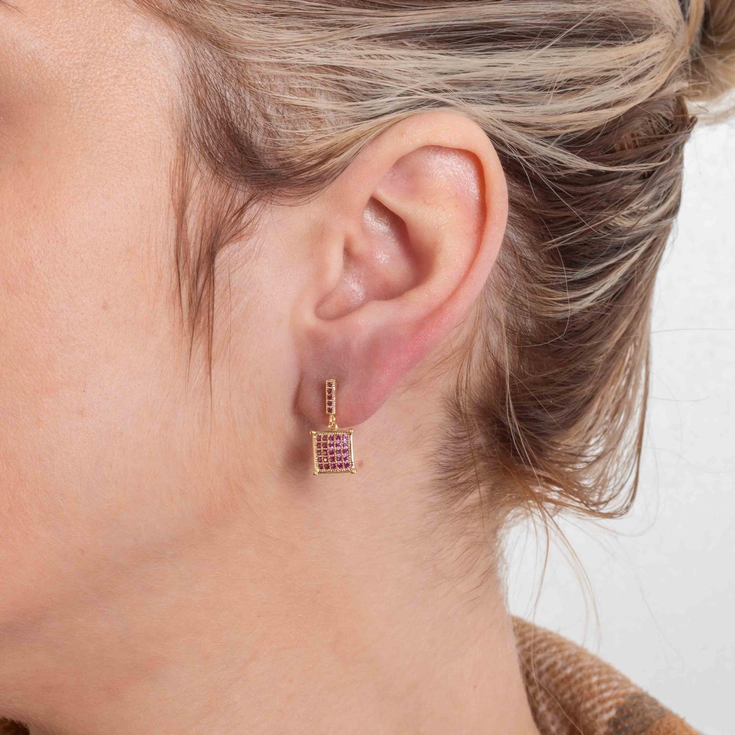 Brf-1284-Do Brinco Quadrado Cravejado De Zircônias Azul.