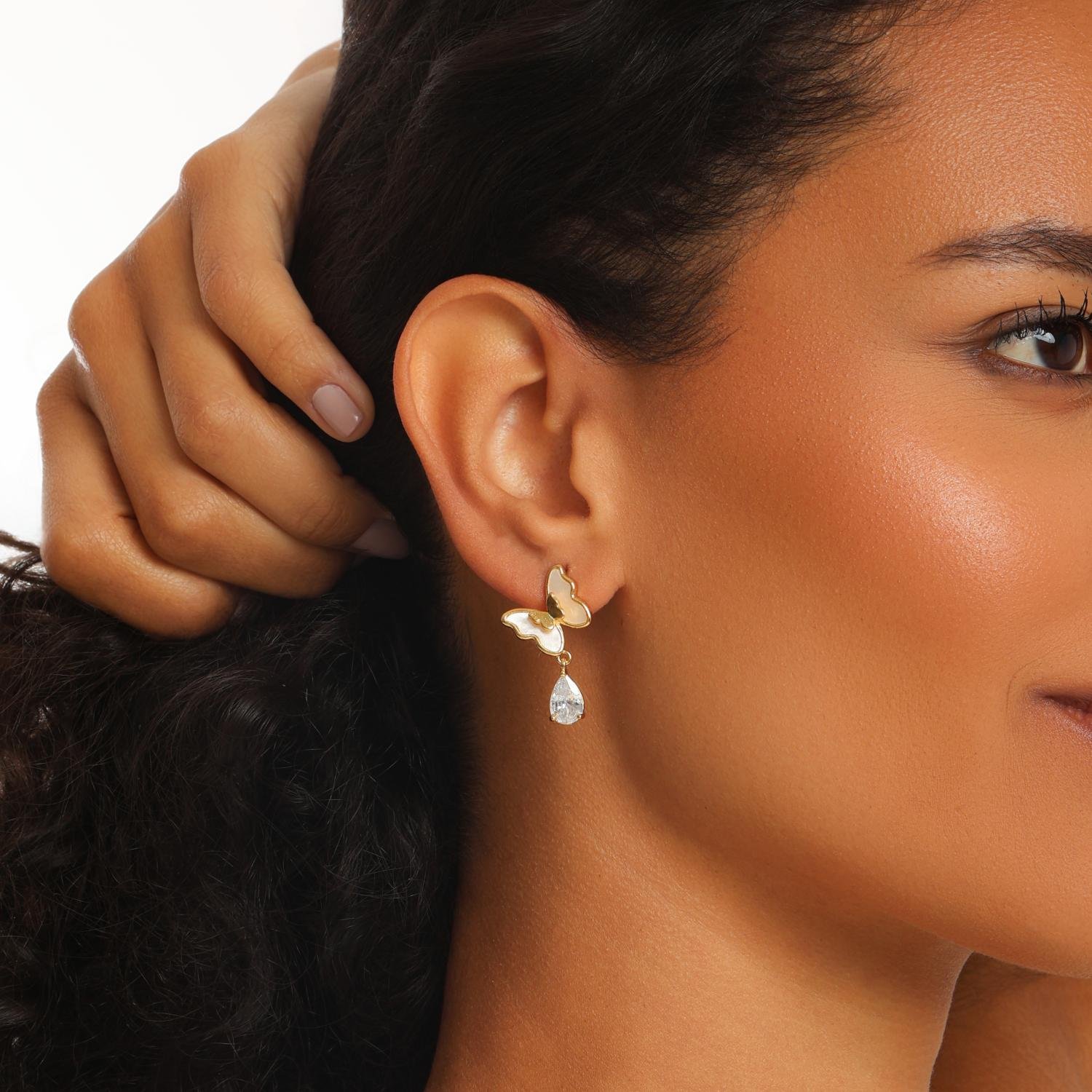 Brf-1640-Do Brinco Borboleta Dupla Madrepérola com Gota de Zircônia Pendente 