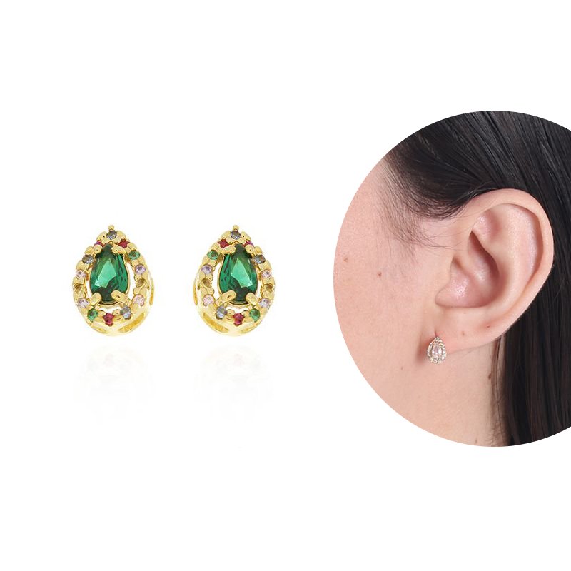 Brf-901-Do Brinco Gota Cravejado Colorido E Esmeralda