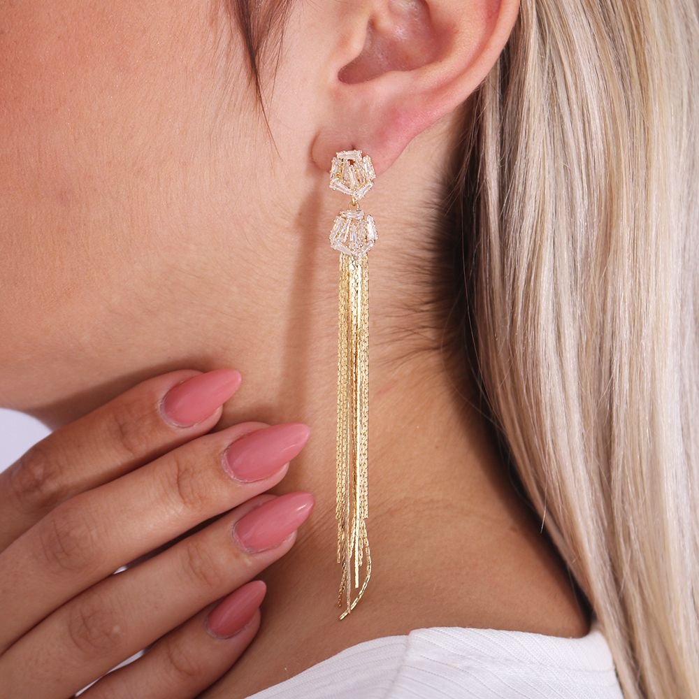 Bri-1112-Do Brinco De Zircônia Cravejada Com Franja (104mm)