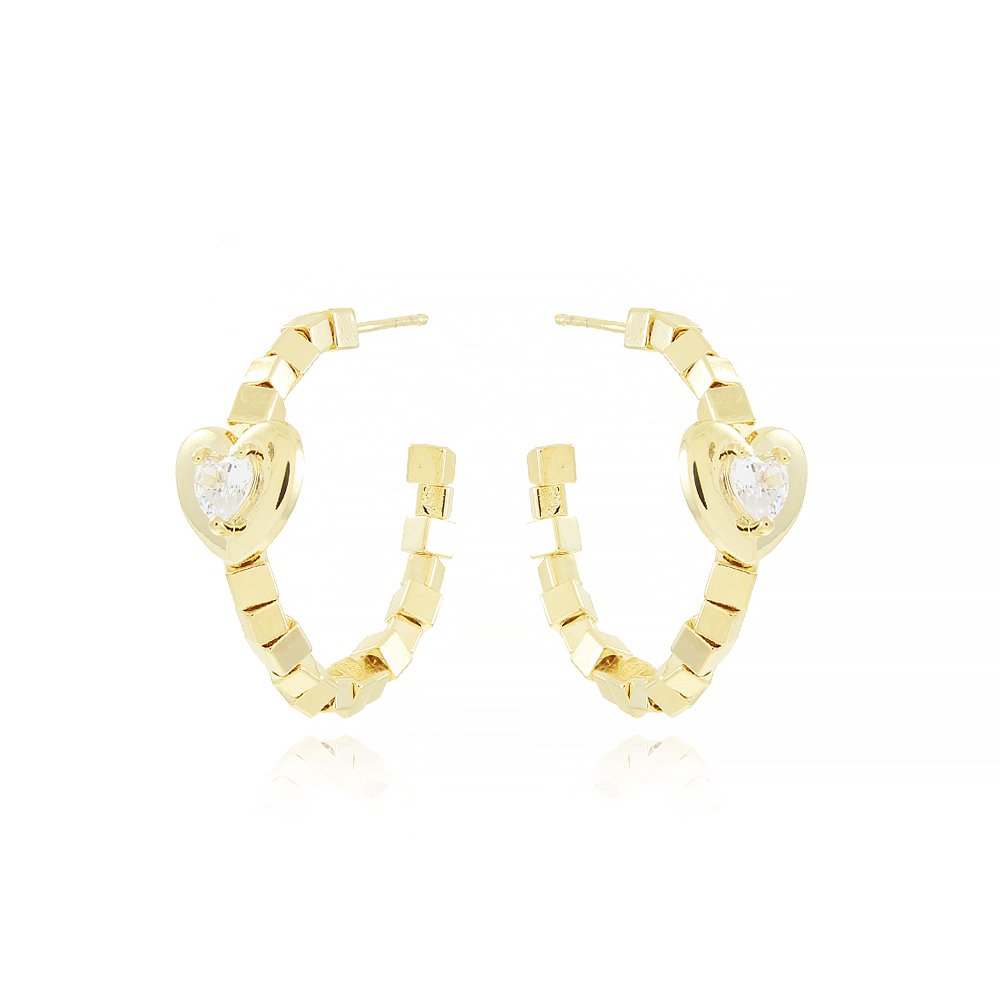 Bri-1114-Do Brinco Meia Argola Detalhada E Coração De Zircônia (30mm)