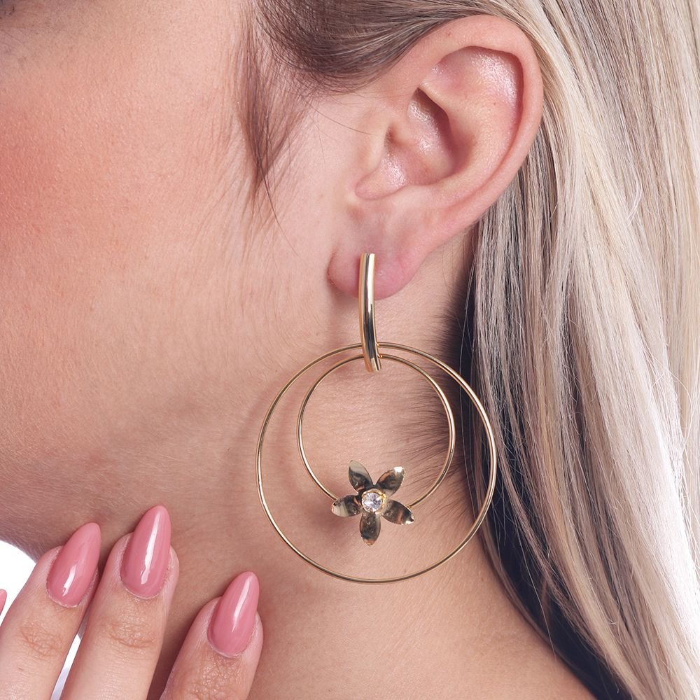 Brt-1419-Do Brinco Argola Dupla Flor E Zircônia