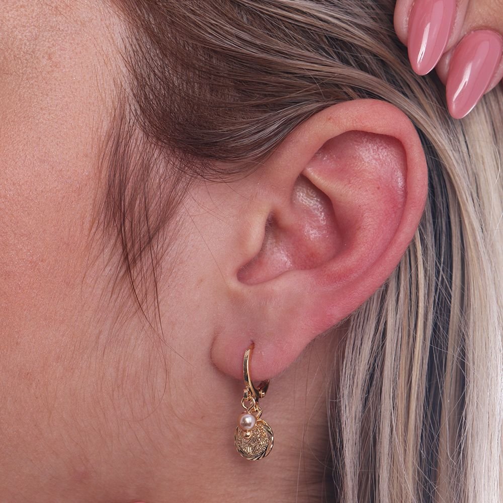 Brt-2118-Do Brinco De Argolinha Articulada Com Medalha E Pérola 