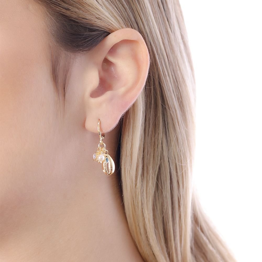 Brt-2126-Do Brinco De Argola Articulada Com Pingntes Búzios, Olho Grego E Zircônia.