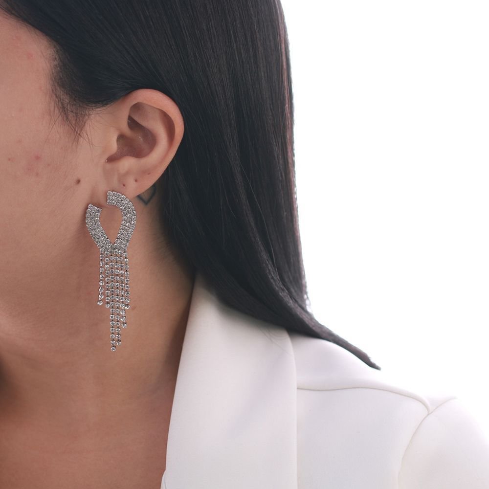 Brt-6733-Pl Brinco De Franja Platina Cravejado Cristal