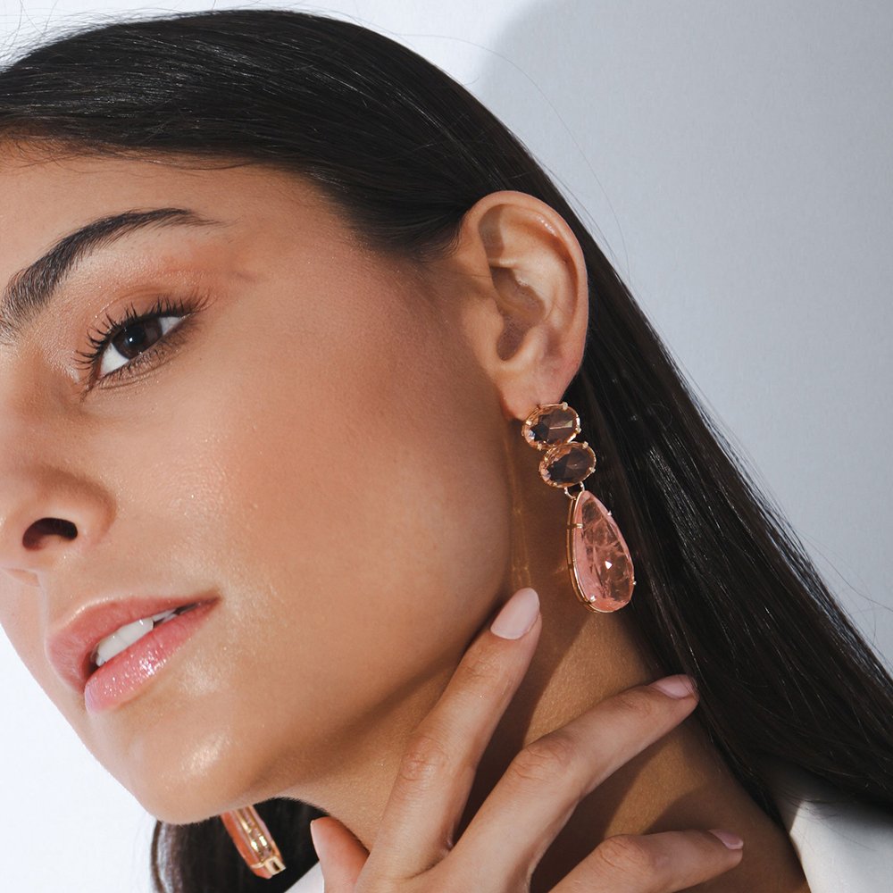 Brt-6990-Do Brinco Grande Gota Cravejada Rosa