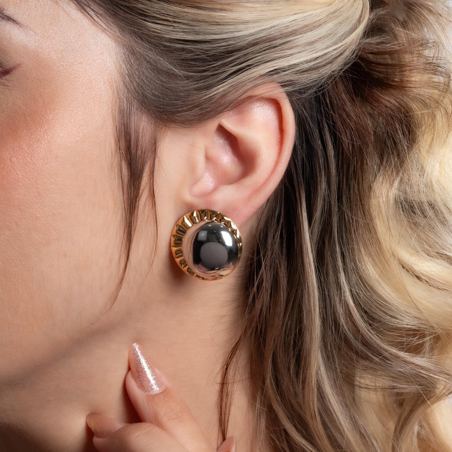 Brt-7482-Do+Rd Brinco Duo Redondo - Ouro + Ródio Branco.